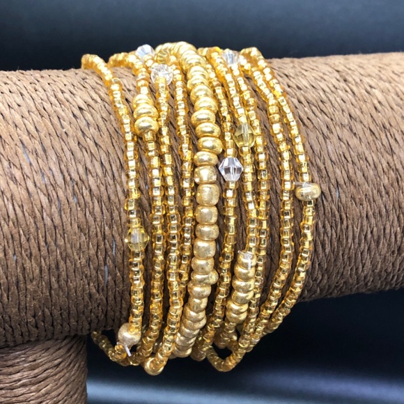 Multi Strand Tiny Gold Glass Seed Stretch Stacking Beaded Bracelet - Picture 11 of 12